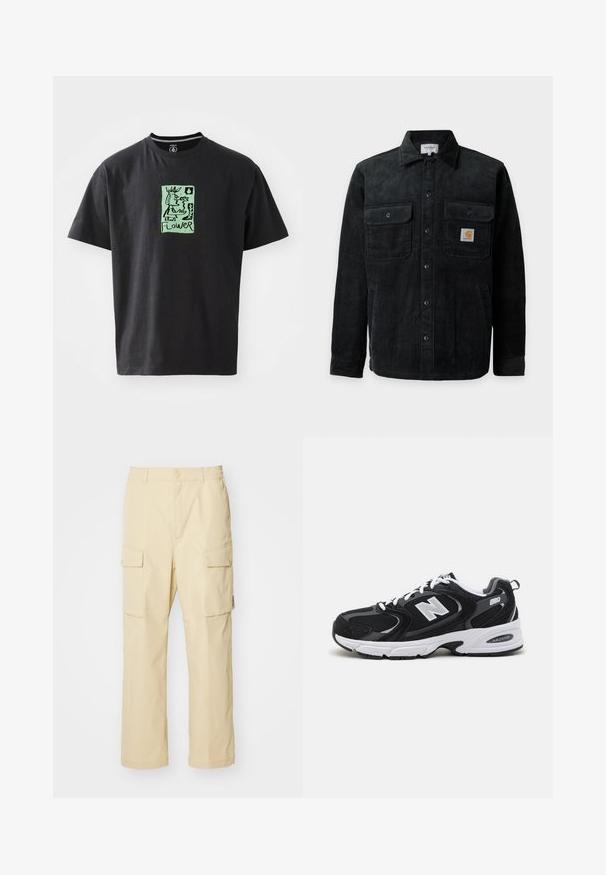 Veste noire en velours côtelé à boutons avec deux poches poitrine, dont une avec un petit patch carré du logo Carhartt.; T-shirt noir en coton avec une illustration graphique verte comportant le mot "FLEUR". Manches courtes et col rond.; Pantalons cargo beiges en tissu avec une taille élastique et une fermeture à bouton. Dotés de deux poches latérales et d'un design simple.; Baskets de sport noires et grises avec un tige en mesh et en suède, présentant une semelle intermédiaire blanche, des lacets et un logo "N" audacieux sur le côté.
