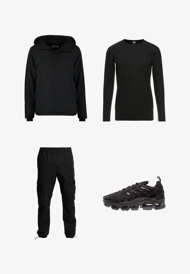 Čierna anorak bunda s kapucňou, predným zipsovým vreckom a elastickými manžetami. Vyrobená z hladkého, ľahkého materiálu s voľným strihom.; Urban Classics STRETCH TERRY - Top s dlhým rukávom - black; Čierne cargo nohavice z odolného materiálu s elastickým pásom, nastavitelnými šnúrkami a bočnými vreckami s klopami.; Čierne športové topánky s textilným zvrškom, lesklými akcentami a výraznou vzduchovou tlmiacou podrážkou. Obsahujú výrazné prvky vlnovkového dizajnu.