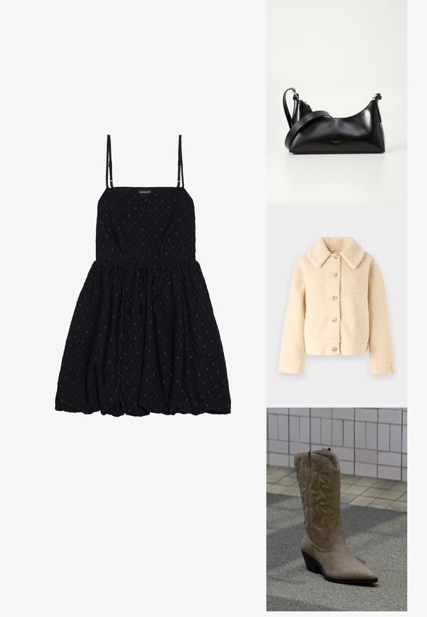 Beige fleecejakke med krave, knappelukning foran og to sidelommer. Har en blød, struktureret overflade og en cropped stil.; Even&Odd by Zalando Cocktailkjole / festkjole - black; Høj, beige cowboystøvle i ruskind med dekorative syninger og nitteaccenter, med spids snude og skråsort hæl på fortovet.; Sort læderhåndtaske med en glat tekstur. Har en justerbar stropp og et enkelt, minimalistisk design med lynlås.
