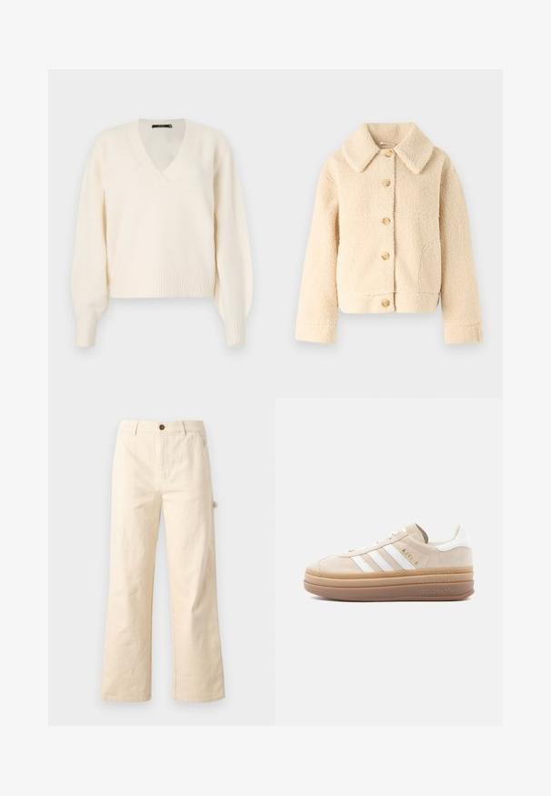 Beige fleecejakke med krave, knappelukning foran og to sidelommer. Har en blød, struktureret overflade og en cropped stil.; Vero Moda Knitted VMBOOM Knitted - Striktrøje - birch melange; Bredde-beige bukser lavet af bomuld med knaplukning, udstyret med sidelommer og et rent, minimalistisk design.; Beige ruskindsneaker med hvide læderdetaljer, der har tre hvide striber, et gyldent logo og en tyk, gennemsigtig gummisål.