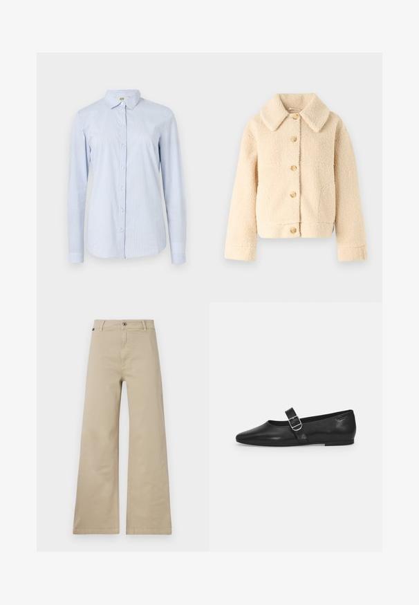 Beige fleecejakke med krave, knappelukning foran og to sidelommer. Har en blød, struktureret overflade og en cropped stil.; Blå og hvid stribet langærmet skjorte lavet af letvægtsbomuld. Den har en krave, knaplukning foran og en tætsiddende silhuet med manchetter på ærmerne.; Beige brede bukser lavet af bomuld. Har en knaplukning, bæltestropper og sidelommer. Glat, robust tekstur med et klassisk design.; Sorte læder flade sko med rund tå, et enkelt justerbart spænde og en glat, blank overflade. Minimalistisk design med en lav hæl.