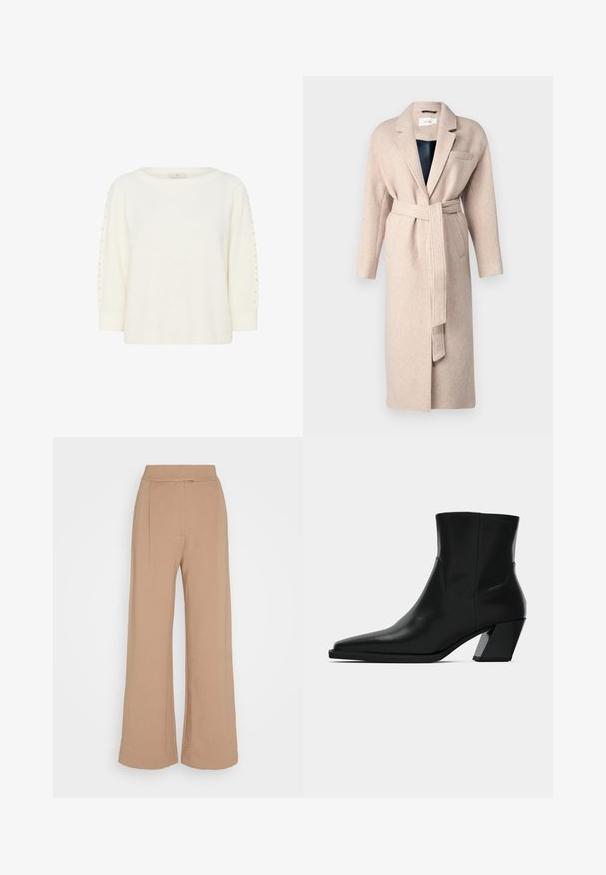 Beige wollen jas met een lange uitstraling, sjaalkraag en een bijpassende tailleband. Voorzien van een enkele borstzak en een zachte textuur.; Kaffe KABETTY - Trui - chalk cc; Anna Field by Zalando Broek - brown; Zwarte leren enkelboot met een spitse neus, een slanke silhoeet en een chunky vierkante hak. Gladde textuur met minimale stikdetails.
