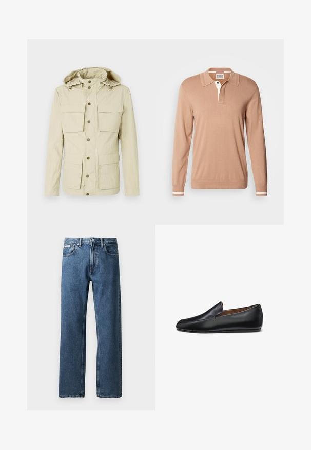 Helebeež värvi jope kapuutsiga, millel on kaks rinna- ja kaks alumist taskut. Näpitsaknaga kinnitamine ning tekstuuriga kangas.; Scotch & Soda LONG SLEEVE POLO - Džemper - tannin; Sinine sirge lõikega teksapüksid kõrge taljega, nuppe ja tõmblukkuga, ees taskud ning väike valge brändi silt paremal taskul.; Mustast nahast libisev loafer, millel on elegantne, minimalistlik disain ja ümmargune nina, näidatud küljelt valgel taustal.