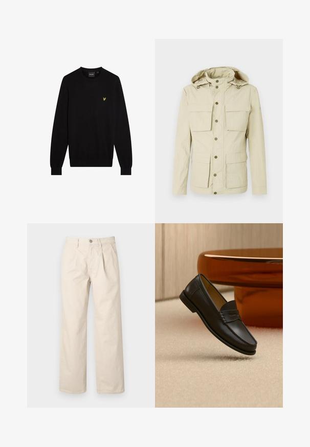 Chaqueta beige clara con capucha, que cuenta con dos bolsillos en el pecho y dos bolsillos inferiores. Cierre con botones a presión y acabado de tela texturizada.; Jersey negro hecho de tela suave, con cuello redondo y mangas largas. Pequeño logo amarillo bordado en el pecho izquierdo.; Pantalones de pierna ancha beige con cintura alta, que cuentan con pliegues frontales, cierre con botón en la parte delantera y una suave tela de algodón.; Zapato mocasín de cuero negro suspendido sobre una alfombra beige con muebles modernos de color ámbar en el fondo.
