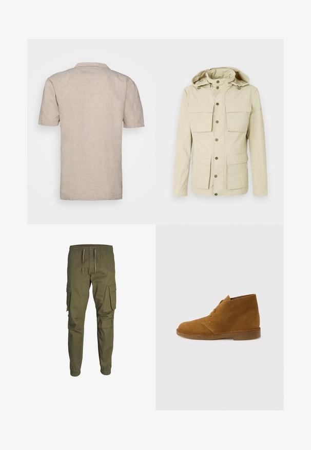 Veste beige clair avec capuche, comportant deux poches poitrine et deux poches inférieures. Fermeture à boutons-pression avec une finition en tissu texturé.; Chemise en lin beige à manches courtes avec un col, dotée d'un tissu texturé et d'un ourlet droit, sans motifs visibles ni accents.; Pantalons cargo verts olives en tissu léger. Dotés d'une taille élastique, d'un cordon de serrage ajustable et de deux poches latérales.; Botte désert en daim marron montant à la cheville avec deux œillets et semelle en crêpe sur fond gris clair uni.