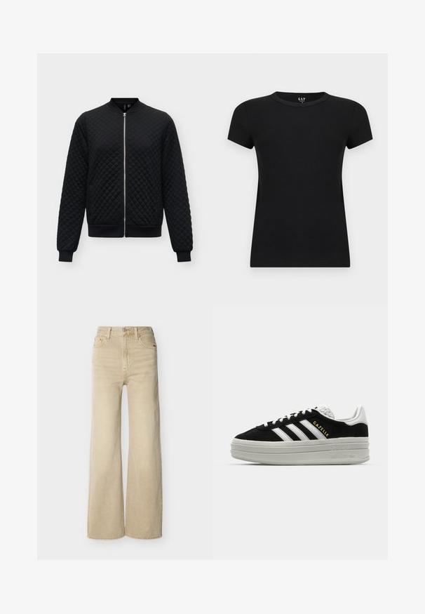 Chaqueta bomber acolchada negra con cremallera frontal completa, cuello, puños y dobladillo acanalados, mostrada sobre un fondo claro.; Camiseta de mujer negra de manga corta con cuello redondo y ajuste entallado, mostrada sobre un fondo claro y liso.; Jeans beige de talle alto y pierna ancha con botón y cremallera frontal, bolsillos delanteros y traseros, y presillas para cinturón sobre un fondo blanco.; Zapatillas negras de ante con detalles en cuero blanco, tres rayas blancas, cordones planos y una gruesa suela de plataforma gris. Marca "Gazelle" en dorado.