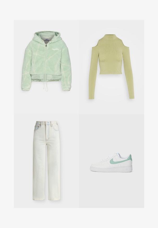 On Vacation NEW VISIONS BERLIN - Veste mi-saison - sage; Cotton On SEAMLESS CUT OUT SHOULDER LONG SLEEVE - T-shirt à manches longues - safari green; Jean en denim bleu clair à taille haute avec jambe droite, boutons à l'avant, fermeture éclair et cinq poches.; Baskets blanches en cuir avec un swoosh Nike vert menthe et une languette au talon, semelle texturée et design classique à lacets.