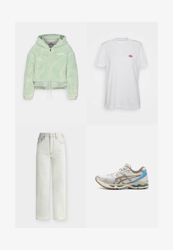 On Vacation NEW VISIONS BERLIN - Chaqueta de entretiempo - sage; Camiseta de algodón blanca con cuello redondo y mangas cortas, que presenta un pequeño logotipo colorido de "Diesel" bordado en el pecho.; Vaqueros vaqueros de pierna recta y cintura alta en lavado azul claro con botón delantero, cremallera y diseño de cinco bolsillos.; Zapatilla de running blanca y beige con detalles azules, parte superior de malla, suela acolchada y diseño con cordones, mostrada desde el lado exterior.