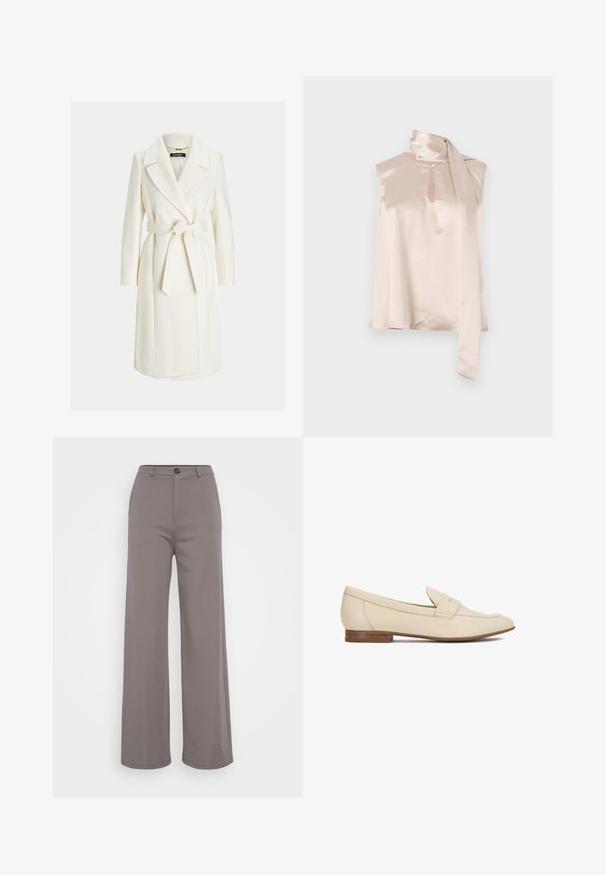 Manteau blanc mi-long à nouer à la taille, avec larges revers, manches longues et poches latérales.; Top sans manches en satin rose pâle avec un décolleté en trou de serrure et un foulard drapé attaché à l'épaule. Texture lisse, design minimaliste.; Pantalons à jambe large en tissu gris doux. Dotés d'une fermeture à bouton et de coutures nettes. Texture lisse sans motifs ni embellissements visibles.; Mocassins en cuir beige à petit talon, avec une bride décorative sur le cou-de-pied, un bout arrondi et une finition lisse.