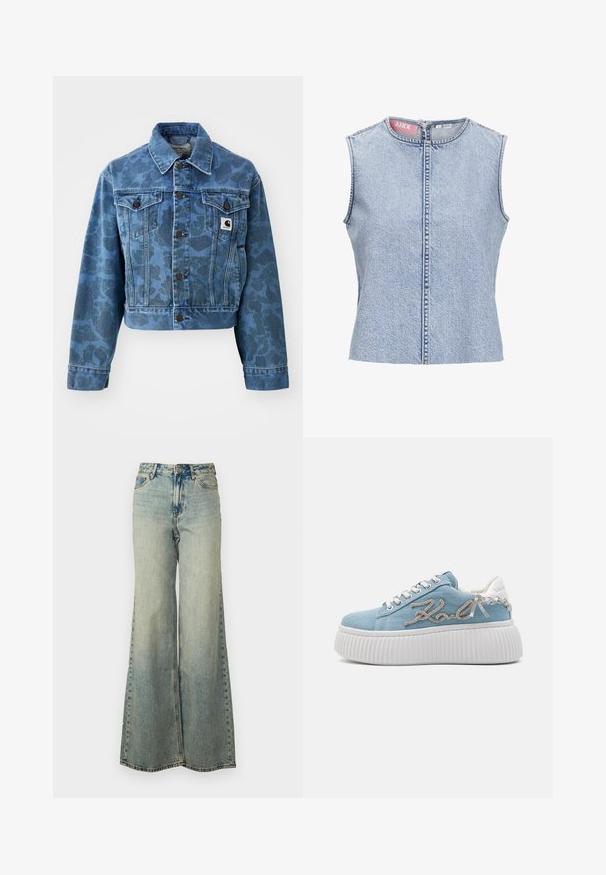 Beskåret denimjakke i blå med et subtilt camouflage-mønster, der har en spids krave, frontlommer og mørke knapper. Carhartt-logo-patch.; Denim top uden ærmer i lyseblå, med rund halsudskæring, lynlås foran og rå kantdetaljer. Materialet har en tekstureret overflade.; Lyseblå vide jeans lavet af denim, med høj talje, bleget vask og sidelommer med synlige stikninger.; Blå denim platform sneakers med hvid gummisål, med sølv broderet logo og hvide accenter på hælen og snørområdet.