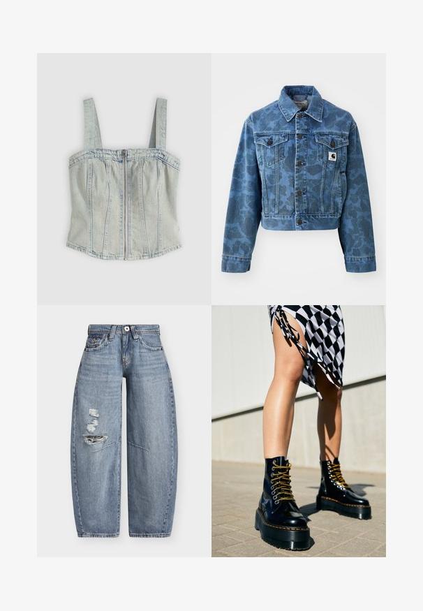 Beskåret denimjakke i blå med et subtilt camouflage-mønster, der har en spids krave, frontlommer og mørke knapper. Carhartt-logo-patch.; Lyseblå denim korsett-top med brede stropper, lynlåslukning foran, lodrette sømdetaljer og en lige kant.; Blå denim jeans med vide ben, høj talje og slidte revner på venstre lår, med forlommer og bæltestropper.; Sorte læder platform støvler med chunky såler, guld snørebånd og orange syninger, kombineret med en ternet nederdel med en sideslids.