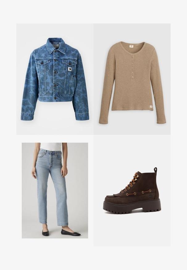 Beskåret denimjakke i blå med et subtilt camouflage-mønster, der har en spids krave, frontlommer og mørke knapper. Carhartt-logo-patch.; Beige henley-shirt i vaffelstrik med lange ærmer, rund halsudskæring og fem-knaps lukning, vist fladt mod hvid baggrund.; Kvinde iført lyseblå jeans med høj talje og lige ben samt sorte balletsko, stående mod en ensfarvet lys baggrund.; Mørkebrun læderstøvle med snørre, kraftig sål, gyldne nitter og en fæstet trækflap bagpå på en hvid baggrund.