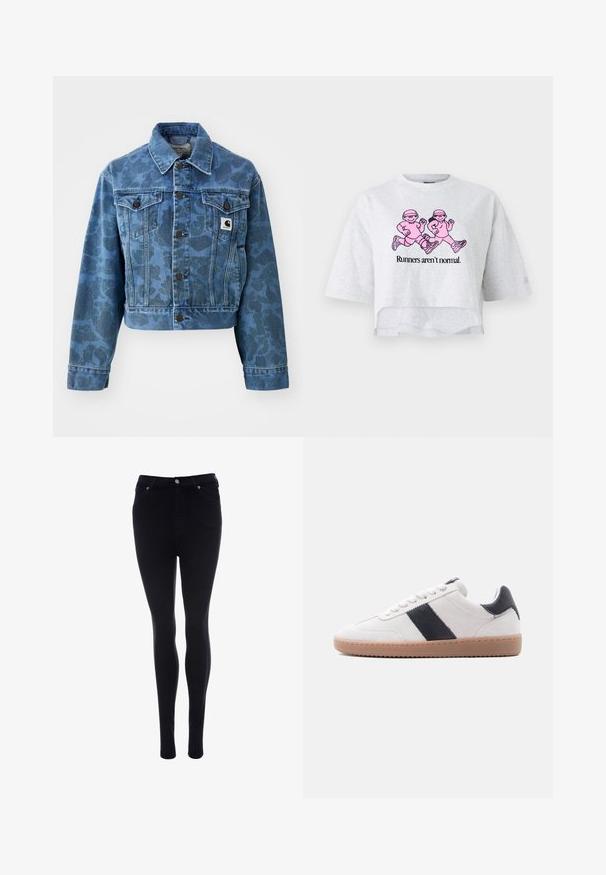 Veste en denim courte bleu avec un motif camouflage subtil, dotée d'un col pointu, de poches avant et de boutons foncés. Étiquette logo Carhartt.; T-shirt cropped gris en coton avec des manches courtes. Affiche un graphique rose de deux silhouettes en train de courir et le texte "Les coureurs ne sont pas normaux."; Jean skinny noir en denim avec une texture lisse. Dispose d'une fermeture à bouton et zip à l'avant, de cinq poches et d'une coupe élégante.; Baskets en daim blanc avec semelle en caoutchouc marron clair et bande en cuir noir ainsi que un onglet au talon, vues de côté sur un fond blanc.