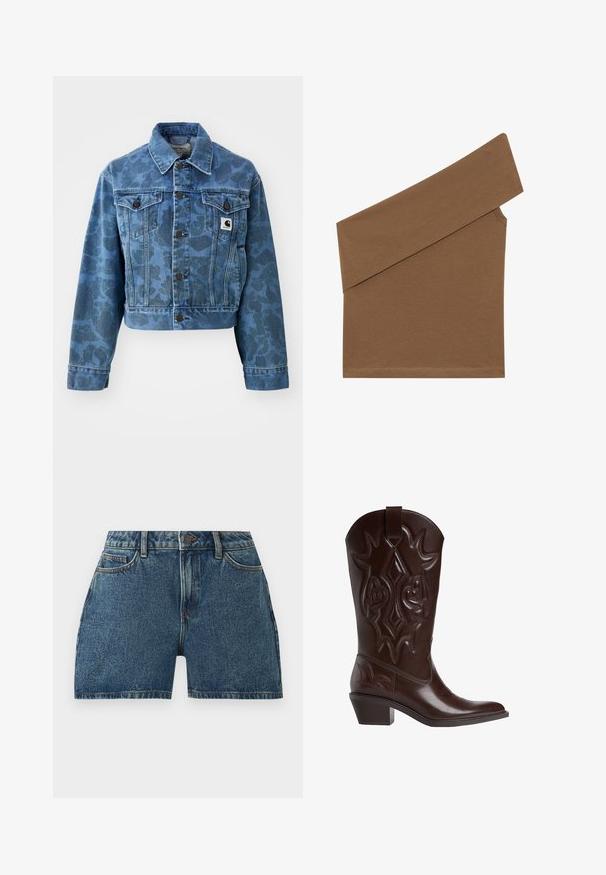 Beskåret denimjakke i blå med et subtilt camouflage-mønster, der har en spids krave, frontlommer og mørke knapper. Carhartt-logo-patch.; Asymmetrisk brun top med en enkelt langærme, blød tekstur og en rund halsudskæring, med ren syning langs kanten.; Blå denimshorts med forreste knap, lynlås, bæltestropper og forlommer på en ensartet hvid baggrund.; Brun cowboystøvle i læder med indviklede sømme, spids snude og stablet hæl. Har en træktab i toppen for nem påtagning.