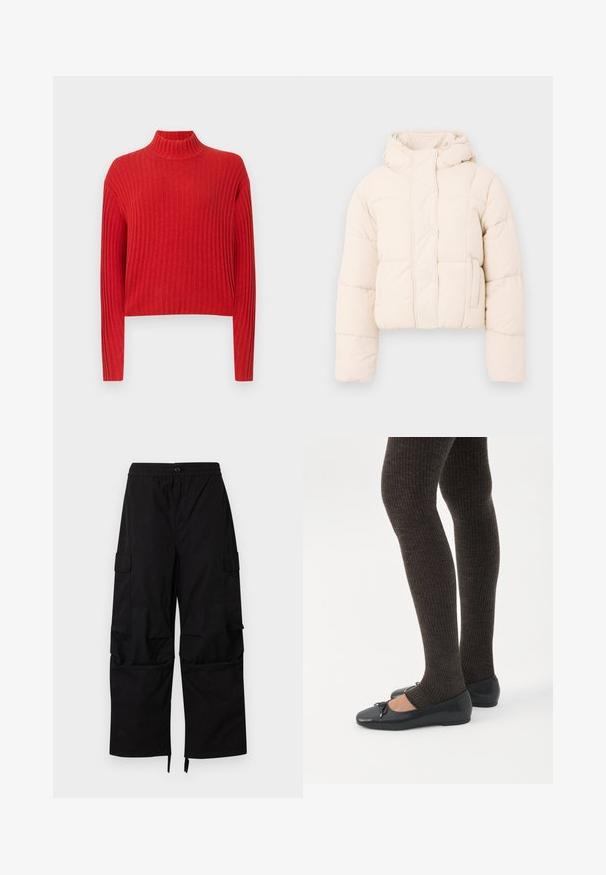 Veste doudoune beige avec capuche, dotée d'un design matelassé, de boutons-pression et de poches latérales. Texture douce et rembourrée pour la chaleur.; Pull en maille rouge à côtes avec un col montant, des manches longues et une coupe courte. La texture du tissu semble douce et tricotée, avec des rayures verticales.; Pantalon cargo noir avec taille élastique, fermeture à boutons, poches latérales à rabat, et jambes larges et droites avec ourlets ajustables.; Jambes portant des leggings côtelés foncés associés à des ballerines noires avec de petits détails en nœud sur fond blanc.