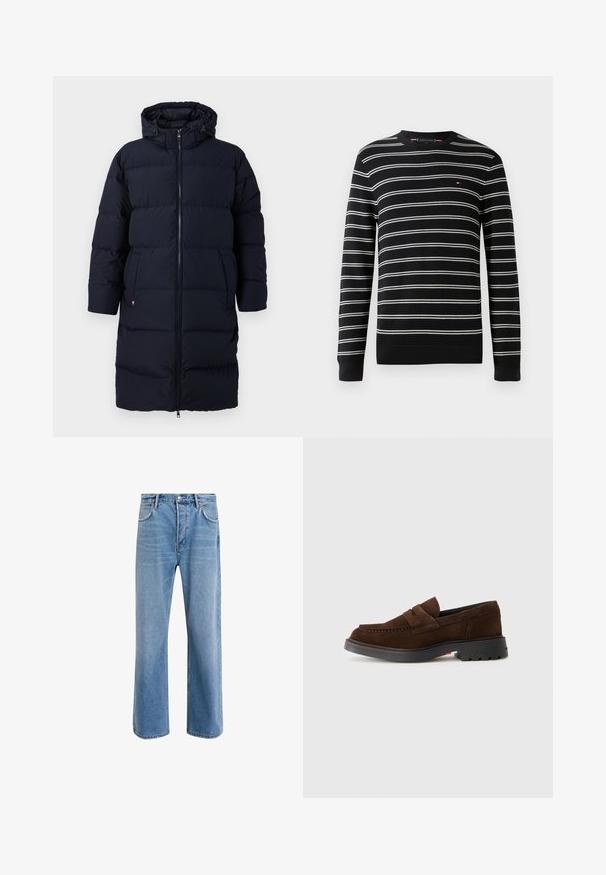 Lang sort polstret vinterjakke med hætte, frontlynlås og sidelommer, designet til koldt vejr.; Sorte og hvide striber sweater med rund hals, lange ærmer og ribbede manchetter, som har et lille logo på brystet.; Lyseblå denim jeans med lige ben-design, fem lommer, knaplukning, minimal falming og kontraststingdetaljer.; Brune ruskinds loafers med rund tå, dobbelt remdetalje og en sort gummisål med teksturerede riller.