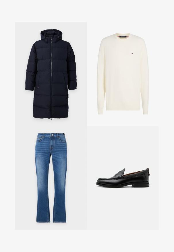 Abrigo de invierno acolchado largo en negro con capucha, cierre frontal y bolsillos laterales, diseñado para climas fríos.; Jersey de color crema con cuello redondo y mangas largas, con pequeño logo de la bandera de Tommy Hilfiger en el pecho izquierdo y puños y dobladillo acanalados.; Vaqueros acampanados de mezclilla en azul medio. Presentan un diseño de cinco bolsillos, detalles cosidos, un cierre de botón y una textura ligeramente desgastada en las piernas.; Mocasín de hombre de piel negra con costura moc toe, tira penny, cuello texturizado y tacón bajo apilado sobre fondo blanco.
