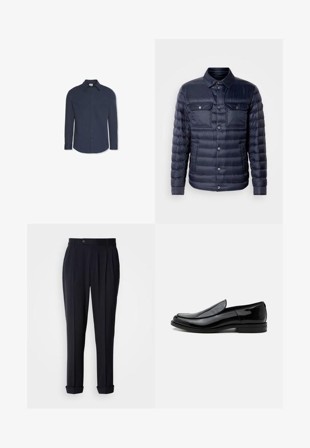 Mørkeblå puff jakke med knaplukning foran, to brystlommer og krave. Lavet af letvægts, skinnende materiale med quiltet struktur.; Marineblå langærmet skjorte med knapper, krave og manchetter, med et Calvin Klein-mærke inde i kraven.; Mørkeblå skræddersyede bukser med frontfold, knaplukning og opkrøllede cuffs. Fremstillet af et glat stof med en struktureret pasform.; Sort blankt læder slip-on selskabssko med lav hæl og rundet tå set fra siden på hvid baggrund.