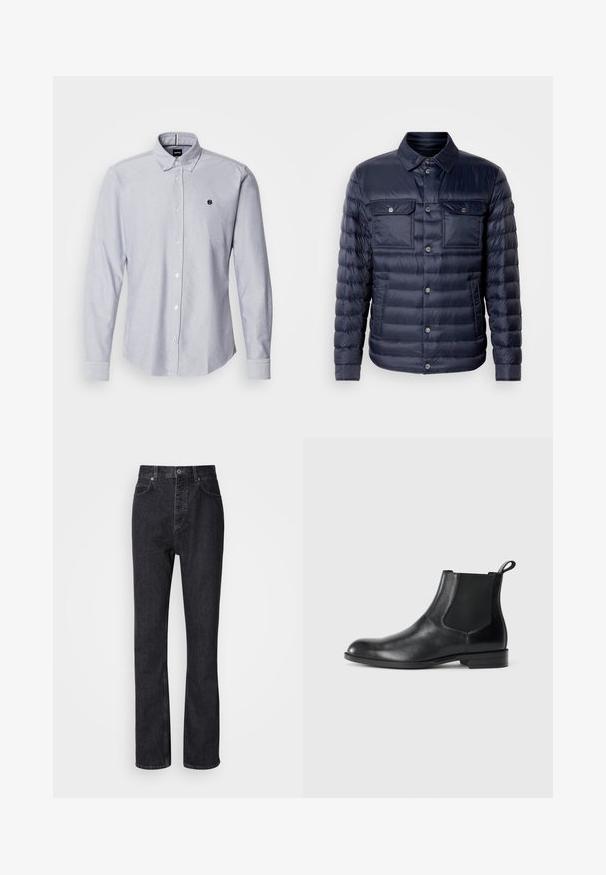 Marineblaues Steppjacke mit Knopfleiste, zwei Brusttaschen und Kragen. Aus leichtem, glänzendem Material mit gestepptem Muster gefertigt.; Himmelblaues Button-Up-Hemd mit langen Ärmeln, aus einem strukturierten Stoff gefertigt. Verfügt über ein kleines Logo auf der linken Brust und Standardmanschetten.; Hochtaillierte schwarze Jeans aus Denim mit Knopf- und Reißverschluss, Vorder- und Hintertaschen sowie einer geraden Passform.; Schwarze Leder-Stiefelette mit elastischen Seiteneinsätzen, abgerundeter Zehenpartie und einem Zugschlauf. Glatte Textur, flache Sohle, minimalistisches Design.