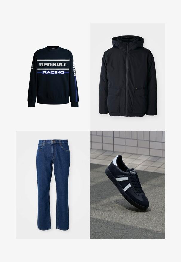 Chaqueta aislante negra con capucha, presenta una cremallera frontal, dos grandes bolsillos y una textura suave. Diseño casual, material resistente.; Sudadera azul marino con texto en blanco y morado que dice "RED BULL" y "RACING". Presenta mangas lisas y puños de canalé, fabricada en un material de tejido suave.; Jeans de mezclilla oscuros de pierna recta con bolsillos delanteros y traseros, pasadores para cinturón y un cierre de botón en la cintura.; Zapatilla de cuero negra con rayas blancas, suela de goma texturizada y parte frontal con cordones. Cuenta con una etiqueta de marca en la lengüeta.