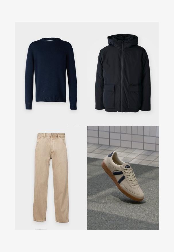 Chaqueta aislante negra con capucha, presenta una cremallera frontal, dos grandes bolsillos y una textura suave. Diseño casual, material resistente.; Selected SLMCODY LS KNIT CREW NECK NOOS - Jersey de punto - sky captain; Jeans de mezclilla beige con un diseño de pierna recta, que cuentan con bolsillos frontales, cierre de botón de metal y una textura sutil.; Zapatilla beige con acabado texturizado, rayas azul marino y suela de goma. Presenta una lengüeta acolchada y un sistema de cordones tradicional para un ajuste seguro.