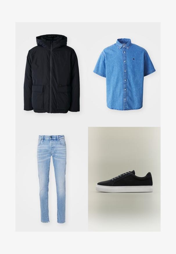 Schwarze isolierte Jacke mit Kapuze, ausgestattet mit einem Frontreißverschluss, zwei großen Taschen und einer weichen Textur. Lässiges Design, widerstandsfähiges Material.; Kurze Ärmel Denim-Hemd in Hellblau mit button-down Kragen, versehen mit einem Brustlogo und auffälligen Nähten.; Helle blaue Denim-Jeans mit schlankem Schnitt, ausgestattet mit einem Fünf-Taschen-Design, Gürtelschlaufen und einem Knopfverschluss. Der Stoff hat eine weiche Textur.; Schwarzer Low-Top-Sneaker mit weißer Gummisohle, Schnürdesign und gepolstertem Kragen, dargestellt auf neutral grauem Hintergrund.