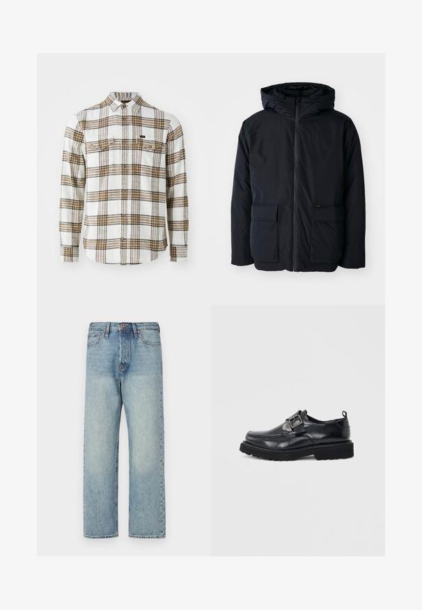 Chaqueta aislante negra con capucha, presenta una cremallera frontal, dos grandes bolsillos y una textura suave. Diseño casual, material resistente.; Lee CLEAN WESTERN - Camisa - ecru ochre plaid; Jeans de mezclilla azul claro con un diseño de pierna recta, cinco bolsillos y herrajes en bronce. Mínima decoloración con un acabado limpio.; Mocasín de cuero negro con suela gruesa y correa con hebilla plateada en el lateral sobre fondo blanco.