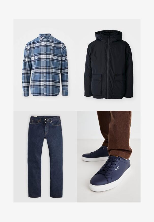 Schwarze isolierte Jacke mit Kapuze, ausgestattet mit einem Frontreißverschluss, zwei großen Taschen und einer weichen Textur. Lässiges Design, widerstandsfähiges Material.; Blau-weißer kariert Langarmhemd aus Baumwolle; mit Button-Down-Kragen; verfügt über ein kleines Logo-Patch auf der Brusttasche.; Dunkelblaue Jeans mit geradem Bein, Knopfleiste, Vorder- und Gesäßtaschen sowie kontrastierender Naht, flach auf hellem Hintergrund liegend.; Marineblaue Ledersneaker mit weißer Gummisohle, runder Spitze und minimalistischem Design. Verfügt über eine Schnürung vorne und dezente Markenkennzeichnung an der Seite.