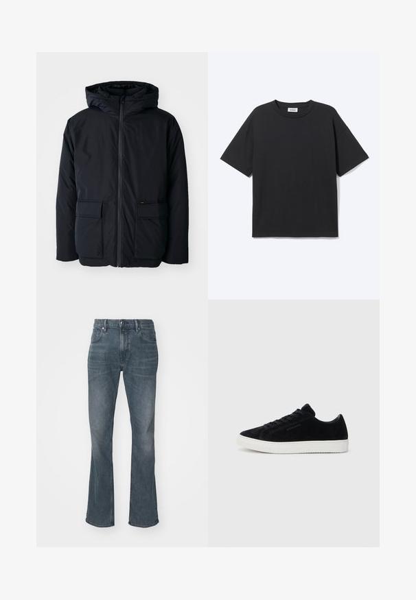 Schwarze isolierte Jacke mit Kapuze, ausgestattet mit einem Frontreißverschluss, zwei großen Taschen und einer weichen Textur. Lässiges Design, widerstandsfähiges Material.; Schwarzes T-Shirt mit kurzen Ärmeln und Rundhalsausschnitt in lockerer Passform, Vorderansicht, schlichtes Design und sichtbares Weekday-Label im Krageninneren.; Dunkelblaue Jeans mit leichtem Verblassen, geradem Bein, Knopf- und Reißverschluss sowie Vorder- und Hintertaschen.; Schwarze Wildleder-Sneaker mit einem Low-Top-Design, runder Zehenpartie und weißer Gummisohle. Verfügt über schwarze Schnürsenkel und minimales Branding an der Seite.