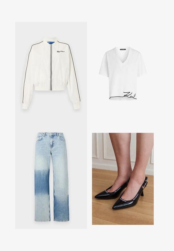 Valge lukuga bombertagi mustade ääristustega varrukatel ja ees lukul, millel on vasakul rinnal "Karl Lagerfeld Jeans" logo.; Valge lühikesed käised t-särk V-dekolteega. Alumises äärtes musta käekirja allkiri. Pehme kangastekstuuri.; Heledad sinine teksade disain, millel on lai jalg, millel on värvide gradient heledast tumedani siniseks, viis_taskut ja nupuga kinniti.; Mustad läikiva kangaga kitsaste ninaosadega slingback-kontsakingad, millel on KARL LAGERFELD kaubamärgiga ääris, kantud puidust põrandal seisvatel jalgadel.