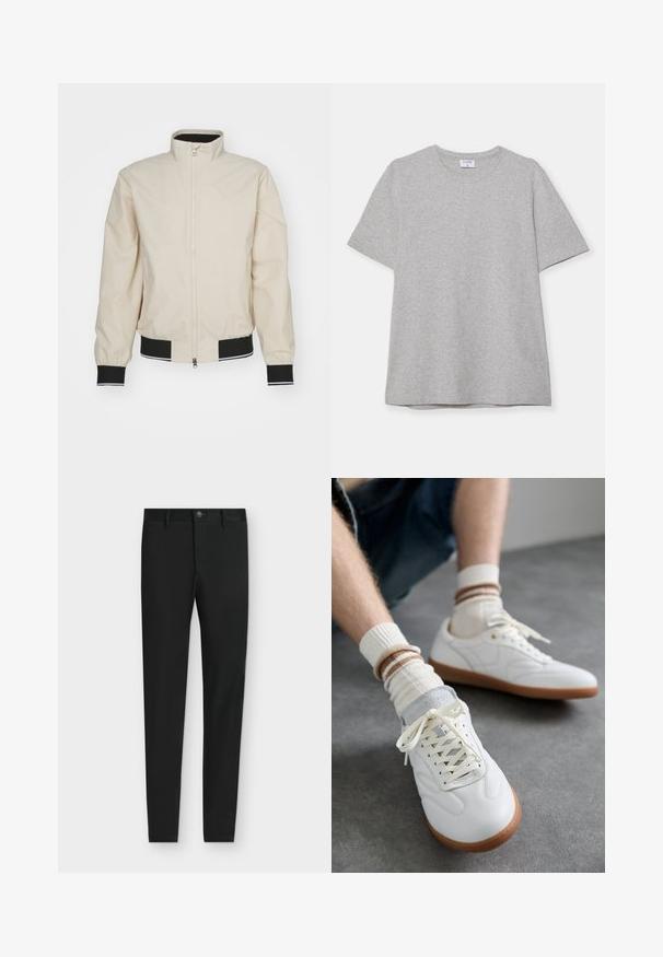 Chaqueta bomber de color beige claro con un cuello alto, cierre de cremallera, puños y dobladillo de canalé negros con franjas blancas. Material suave y ligero.; Camiseta gris de manga corta hecha de una tela suave y texturizada. Presenta un cuello redondo clásico y un dobladillo recto, adecuada para uso casual.; Pantalones negros de corte ajustado con trabillas para cinturón, cierre de botón y bolsillos delanteros, mostrados planos sobre un fondo gris claro.; Zapatillas de cuero blanco con una textura suave, detalles en gamuza gris, suelas de goma beige y cordones planos. Combinadas con calcetines a rayas en tonos crema y marrón.
