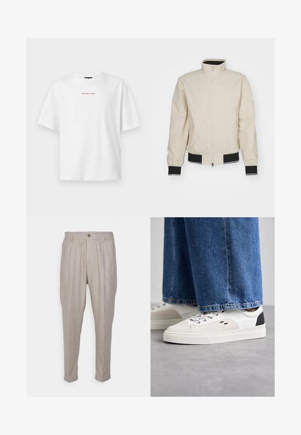 Chaqueta bomber de color beige claro con un cuello alto, cierre de cremallera, puños y dobladillo de canalé negros con franjas blancas. Material suave y ligero.; Camiseta blanca de manga corta con cuello redondo y pequeño texto rojo "MICHAEL KORS" centrado en el pecho.; DRYKORN CHASY - Pantalones - brown; Zapatillas blancas y negras con una parte superior de cuero suave, acentos texturizados y una suela blanca gruesa. Presenta un diseño clásico de cordones.