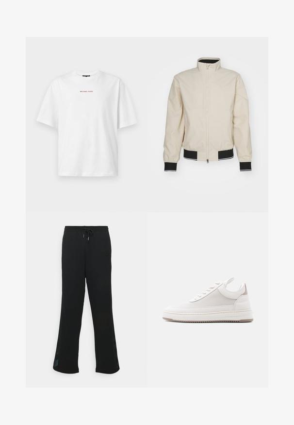 Chaqueta bomber de color beige claro con un cuello alto, cierre de cremallera, puños y dobladillo de canalé negros con franjas blancas. Material suave y ligero.; Camiseta blanca de manga corta con cuello redondo y pequeño texto rojo "MICHAEL KORS" centrado en el pecho.; Pantalones de chándal negros fabricados en un tejido suave, con cintura ajustable mediante cordón, diseño de pierna acampanada y paneles de malla a lo largo de los lados.; Zapatilla blanca de perfil bajo con panel lateral texturizado, cuello acolchado, cierre delantero con cordones y marca "Filling Pieces" en el borde de la suela.