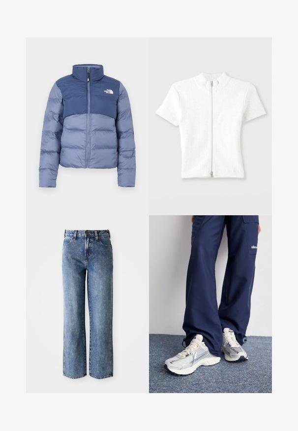 Pufová bunda v tmavomodrej a svetlomodrej farbe so zipsom na prednej strane a logom The North Face na hrudi, navrhnutá na chladné počasie.; Priliehavý biely rebrovaný pletený top s krátkym rukávom, vysokým golierom a predným zipsom. Vyznačuje sa jemnou textúrou a čistým prevedením.; Džíny z modrého denimu s vysokým pásom, rovnými nohavicami, prednými vreckami, pútkami na opasok a gombíkovým zapínaním.; Športové topánky Nike s strieborným sieťovaným zvrškom, bielymi detailmi a textúrovanými podrážkami, skombinované s voľnými námorníckymi nohavicami.