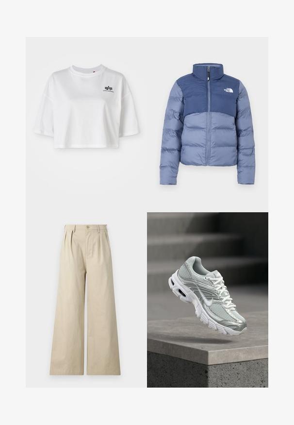 Chaqueta tipo puffer en azul oscuro y claro con cremallera frontal y el logo de The North Face en el pecho, diseñada para climas fríos.; Camiseta corta blanca de algodón, con un cuello redondo, mangas cortas y un acento del logo negro en el lado izquierdo del pecho.; Pantalones anchos beige de algodón, con pliegues, cierre de botón y bolsillos laterales, con una textura suave y lisa.; Zapato de running Nike gris claro y blanco con tejido de malla y suela gruesa que flota sobre un saliente de hormigón frente a un fondo desenfocado de escaleras.