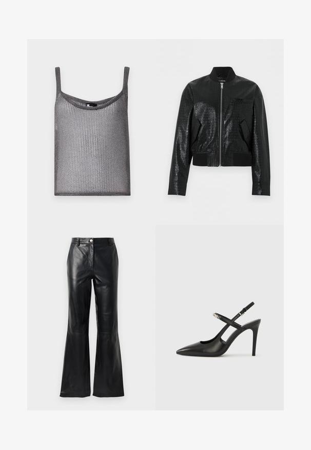 Veste bomber en similicuir noir avec texture crocodile, col, poignets et ourlet côtelés, fermeture éclair avant et deux poches inclinées.; Débardeur gris sans manches en tissu tricoté doux et texturé, avec une coupe ample et un col arrondi. Il présente de fines bretelles.; Pantalons en faux cuir noir avec taille haute, fermeture à boutons, passants de ceinture et jambes évasées sur fond blanc.; Escarpins slingback en cuir noir avec bout pointu, design ajouré et bride ajustable ornée de ferrures métalliques.
