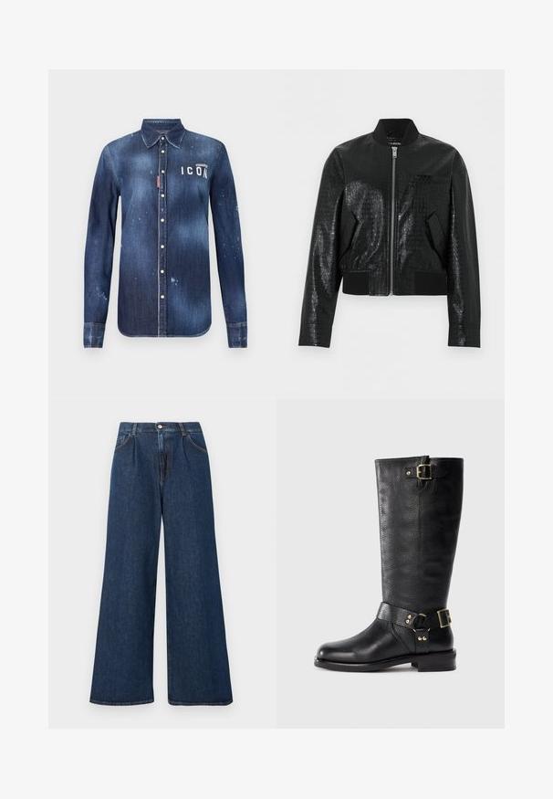 Veste bomber en similicuir noir avec texture crocodile, col, poignets et ourlet côtelés, fermeture éclair avant et deux poches inclinées.; Chemise en denim bleu foncé, présentant un design à boutons, avec un effilochage préservé, des accents usés et un texte blanc "ICON" sur la poitrine.; Jean en denim bleu foncé taille haute à jambes larges, avec fermeture devant par bouton et zip, passants pour ceinture et poches latérales.; Botte noire en cuir jusqu'au genou avec une finition texturée. Caractéristiques d'une sangle et d'une boucle dorée. Bout arrondi et petit talon empilé.