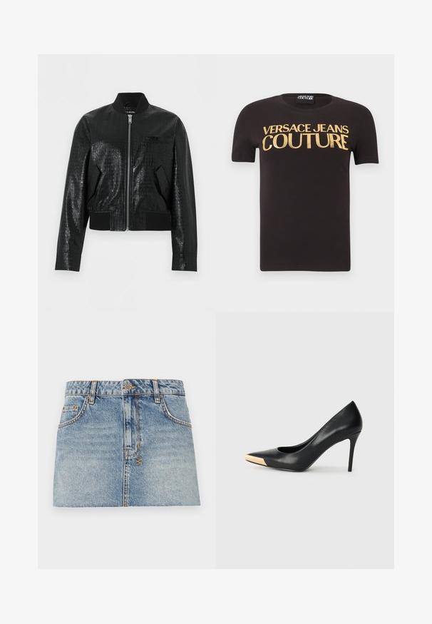 Sort bomberjakke i imiteret læder med krokodilletekstur, ribstrikket krave, manchetter og kant, frontlynlås og to skrå lommer.; Sort kortærmet t-shirt med "Versace Jeans Couture" skrevet med store guld bogstaver på brystet, rund halsudskæring og stofmærke indeni.; Lys blå denim mini-nederdel med en tætsiddende talje, frontknaplukning og to sidelommer. Har rå kanter og kontrasterende syninger.; Sort læder stiletter med spids tå; har et metalisk guldakcent på tåkapperne. Glat overflade med et strømlinet design.