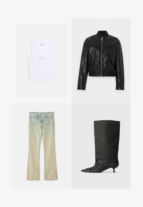 Veste bomber en similicuir noir avec texture crocodile, col, poignets et ourlet côtelés, fermeture éclair avant et deux poches inclinées.; Top court blanc sans manches en tissu côtelé avec encolure dégagée et "Juicy" écrit en strass sur la poitrine.; Jean flare en denim bleu clair avec une finition délavée, présentant des passants de ceinture, deux poches avant et deux poches arrière avec des accents de couture.; Bottines en cuir noir à bout pointu, petite talon et détail métallique sur le bout. Texture lisse et mate partout.