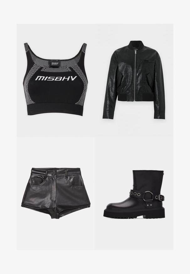 Veste bomber en similicuir noir avec texture crocodile, col, poignets et ourlet côtelés, fermeture éclair avant et deux poches inclinées.; MISBHV TOP - Débardeur - black/white; Shorts en simili cuir noirs à taille haute, dotés de deux poches frontales, de coutures apparentes et d'une texture lisse.; Botte en cuir noire mi-mollet avec semelle épaisse à crampons, bride décorative avec œillets en métal argenté et boucle latérale.