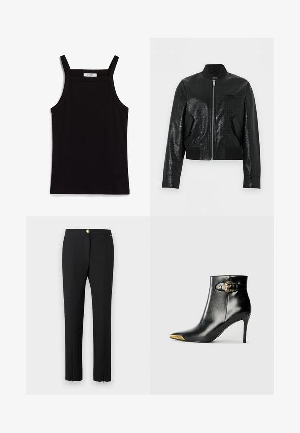 Veste bomber en similicuir noir avec texture crocodile, col, poignets et ourlet côtelés, fermeture éclair avant et deux poches inclinées.; Débardeur noir à fines bretelles, en tissu côtelé, avec une coupe droite et une étiquette au niveau du col indiquant "IVY OAK."; Pantalon droit pour femmes noires, avec pli sur le devant, braguette zippée et fermeture à bouton doré sur un fond uni.; Bottine noire en cuir brillant, avec un bout pointu, un talon aiguille, et des accessoires dorés ornés d'une boucle décorative.