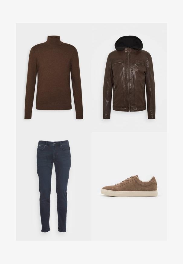 Veste en cuir marron avec capuche, présentant une texture brillante, deux poches poitrine zippées et une fermeture éclair à l'avant.; Pull à col roulé marron en matériau doux, avec des manches longues, un design ajusté et des accents en bord côtelé au col et à l'ourlet.; Jean bleu foncé à coupe ajustée. Fabriqué en denim, avec une fermeture à bouton et zip, cinq poches et des détails de couture subtils.; Baskets décontractées en daim marron avec une silhouette basse, semelle en caoutchouc beige et six trous de lacet. Bout rond et design minimaliste.