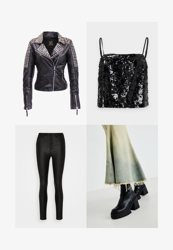 Veste en cuir noire avec des clous argentés sur les épaules, les revers et le haut des manches, avec fermeture éclair à l'avant et poignets zippés.; Haut noir à sequins avec fines bretelles réglables, présentant un décolleté carré et une surface texturée créée par des sequins superposés.; Pantalons skinny noirs taille haute en matériau brillant et extensible, avec cinq poches et une fermeture à bouton et à zip à l'avant.; Bottines en cuir noir avec une semelle épaisse et texturée, associées à une jupe en denim délavé avec des bords effilochés. Détail de fermeture éclair sur le côté.