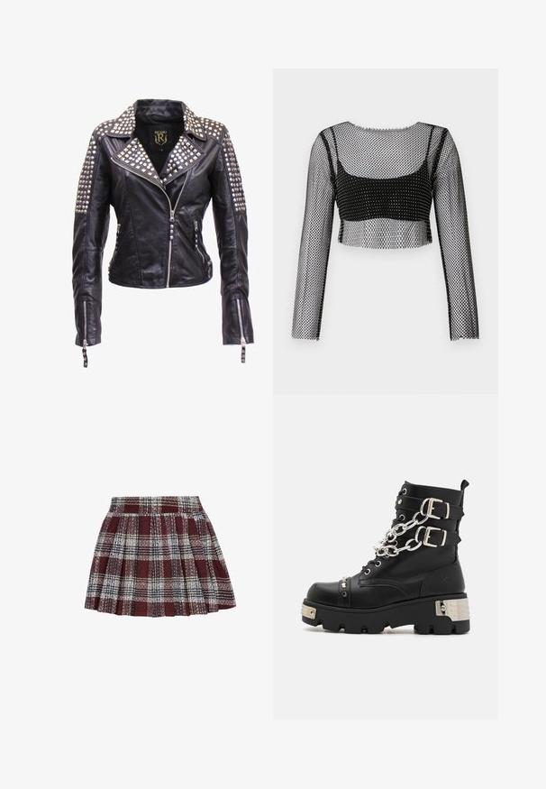 Sort læderjakke med sølvnitter på skuldre, revers og øverste ærmer, med frontlynlås og lynlåse på manchetterne.; Sort mesh crop-top med lange ærmer, med et fiskenet-design og et solidt sort underlag. Kanterne er rå og let frynset.; Rød og sort ternet plisseret nederdel med et struktureret stof. Har en tætsiddende talje og et svungent design med skiftende hvide og grønne linjer.; Koi Footwear SHACKLED SHADOWS HEAVY DUTY CHAIN - Cowboy- / bikerstøvlette - black