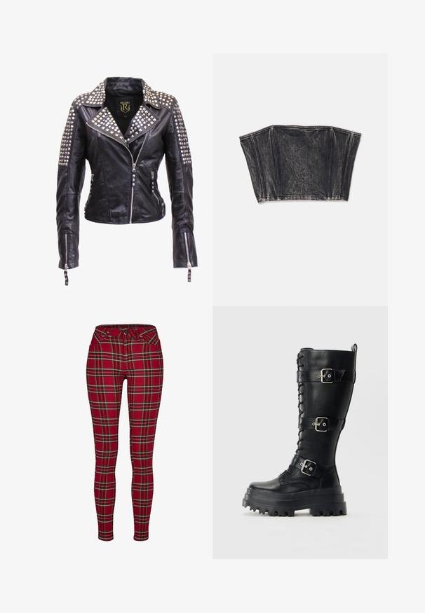 Sort læderjakke med sølvnitter på skuldre, revers og øverste ærmer, med frontlynlås og lynlåse på manchetterne.; Sort denim bustier med struktureret design, der har lodrette sømme og en tætsiddende, cropped form. Tekstureret overflade med subtil fading.; Røde ternede skinny jeans med en tætsiddende design, der har gule og sorte striber, knaplukning og standard for- lommer.; Høj sort læder militærstøvle med kraftig sål, tre justerbare spænder og snørebånd foran på en ensfarvet baggrund.