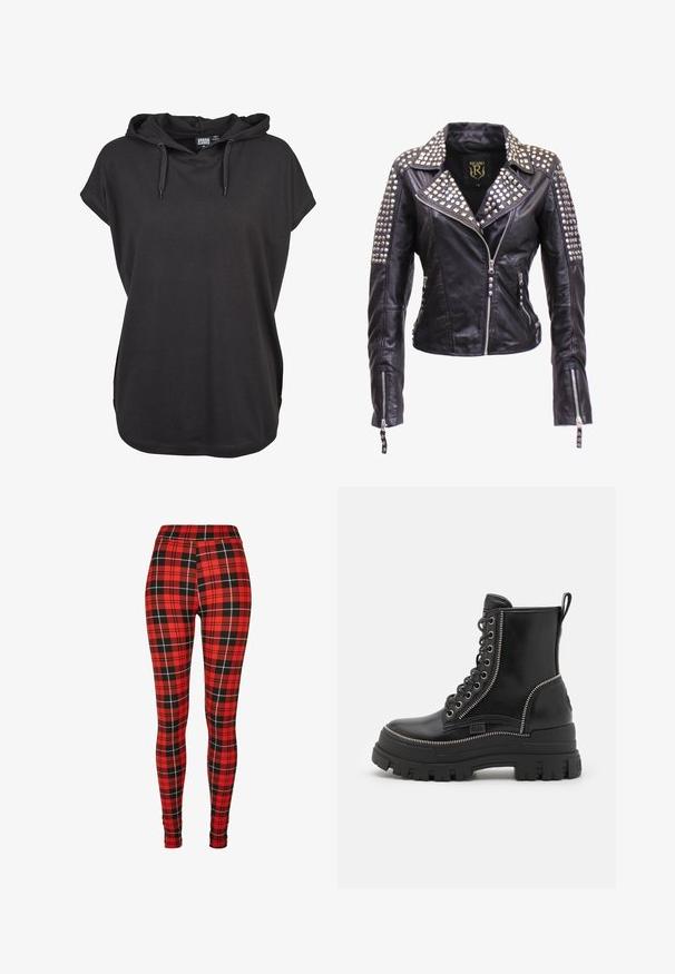 Schwarze Lederjacke mit silbernen Nieten auf Schultern, Revers und oberen Ärmeln, mit Frontreißverschluss und Reißverschlüssen an den Bündchen.; Schwarzes Kapuzenshirt mit kurzen Ärmeln, aus weichem Stoff gefertigt. Verfügt über verstellbare Kordeln und eine lockere Passform. Einfaches Design, ohne Muster.; Rote karierte Leggings mit einem schwarz-weißen Karomuster. Hergestellt aus dehnbarem Material und mit einem hohen Taillendesign.; Schwarze Leder-Ankle-Boots mit einer massiven Gummisohle, mit Schnürung an der Vorderseite, seitlichem Reißverschluss und silbernen Reißverschlusselementen.