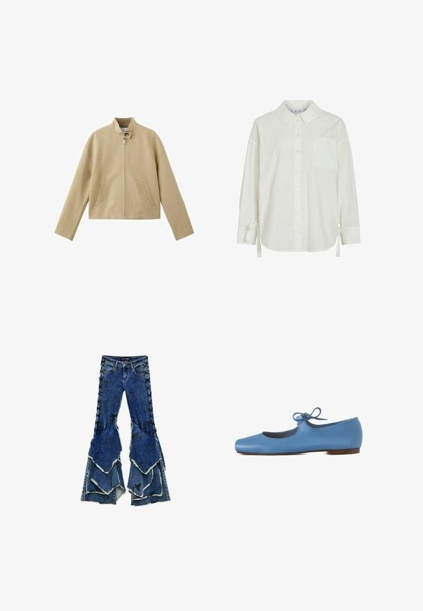 Veste beige zippée à manches longues, col montant avec fermeture à bouton, et deux poches frontales verticales.; Chemise blanche boutonnée avec col, manches longues, accents de cravate aux poignets, et une poche poitrine. Fabriquée en tissu léger avec une texture lisse.; Jean en denim bleu à pattes d'éléphant avec une conception de volants superposés, présentant des détails lacés noirs sur les côtés et des bords effilochés.; BALAGAN Babies - light blue