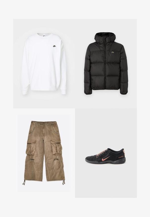 Must must jääpükste jakk kapuutsiga, millel on tõmblukk, tikandiga disain ja väike roheline logo vasakul rinnakorvil. Sile ja polsterdatud tekstuur.; Valge puuvillaseguseg sweatshirt, millel on pikad varrukad, soonikkoes kraed ja soonikkoes mansetid. Rinnal on väike must Nike'i logo.; Pruunid laadungipüksid suurte taskutega, põlvedel kulunud kangas, metallkinnitustega kaunistused vöö ja tasku servadel ning paelad äärtes.; Must ja vasest madala lõikega Nike Total90 III jalgpallijalats, millest on paelad ja tekstureeritud tald, nähtav küljepealt valgel taustal.