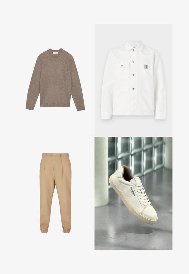 White denim jacket featuring a spread collar, front button closure, two chest pockets, and a logo patch on the left pocket.; Light brown wool sweater featuring a crew neck, long sleeves, and ribbed cuffs and hem. The texture appears soft and slightly fuzzy.; Beige tailored trousers with pleats, button closure, belt loops, and tapered legs against a white background.; White canvas sneaker with beige sole and laces, "AllSaints London" logo on side, floating above a gray polished floor near glass blocks.