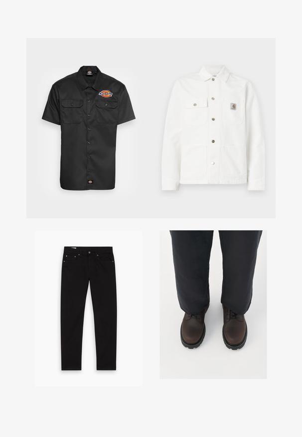 Hvid denimjakke med sprede krave, front lukning med knapper, to brystlommer og et logo patch på venstre lomme.; Kortærmet sort skjorte lavet af holdbart stof, med to brystlommer, knaplukning for og et farverigt logo på venstre bryst.; Sorte lige ben jeans med for- og baglommer, bæltestropper samt knappeslås og lynlås, lagt fladt på en hvid baggrund.; Brune læder snørebåndssko med rund tå, sort gummisål og tekstureret detaljer, parret med løstsiddende mørke bukser.